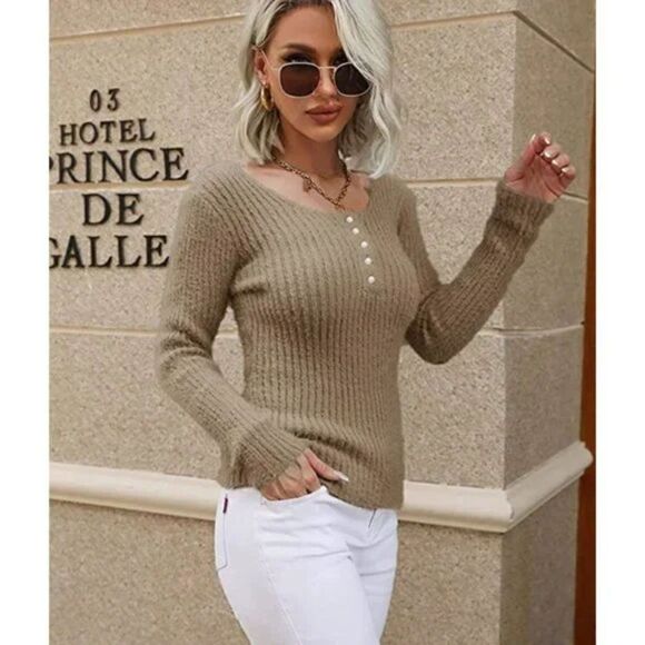 Beige Fuzzy Ribbed Knit Pearl Button Up Henley Long Sleeve Tee Sweater Top - Picture 2 of 8
